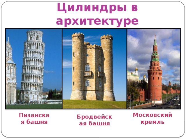 Цилиндры в архитектуре Московский кремль Бродвейская башня Пизанская башня 