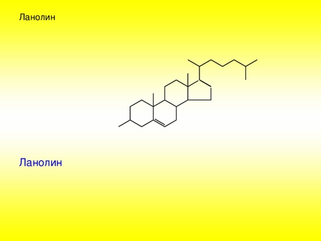 Ланолин                   Ланолин             СН 3 -(СН 2 ) 14 - COO  остаток пальмитиновой остаток холестерина    к-ты 