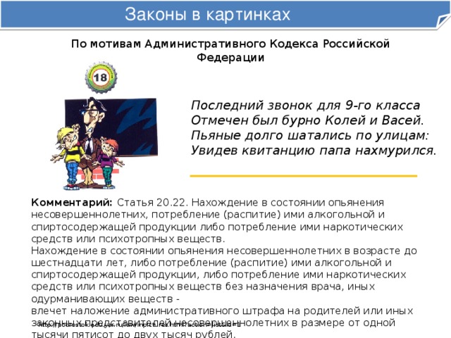 Законы в картинках По мотивам Административного Кодекса Российской Федерации Последний звонок для 9-го класса  Отмечен был бурно Колей и Васей.  Пьяные долго шатались по улицам:  Увидев квитанцию папа нахмурился. Комментарий: Статья 20.22. Нахождение в состоянии опьянения несовершеннолетних, потребление (распитие) ими алкогольной и спиртосодержащей продукции либо потребление ими наркотических средств или психотропных веществ.  Нахождение в состоянии опьянения несовершеннолетних в возрасте до шестнадцати лет, либо потребление (распитие) ими алкогольной и спиртосодержащей продукции, либо потребление ими наркотических средств или психотропных веществ без назначения врача, иных одурманивающих веществ -  влечет наложение административного штрафа на родителей или иных законных представителей несовершеннолетних в размере от одной тысячи пятисот до двух тысяч рублей. http://podrostok.edu.yar.ru/law/inpictures.html?action=list&id=1 