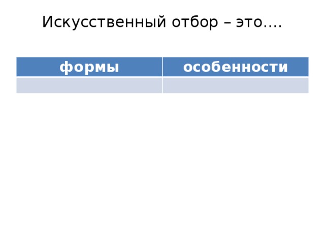 Искусственный отбор – это….   формы особенности 