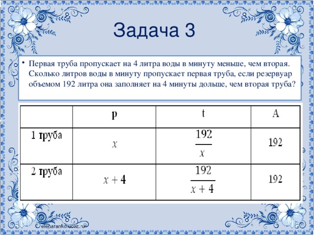 Задача 3 Первая труба пропускает на 4 литра воды в минуту меньше, чем вторая. Сколько литров воды в минуту пропускает первая труба, если резервуар объемом 192 литра она заполняет на 4 минуты дольше, чем вторая труба? 