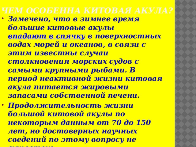 Чем особенна китовая акула? Замечено, что в зимнее время большие китовые акулы впадают в спячку в поверхностных водах морей и океанов, в связи с этим известны случаи столкновения морских судов с самыми крупными рыбами. В период неактивной жизни китовая акула питается жировыми запасами собственной печени. Продолжительность жизни большой китовой акулы по некоторым данным от 70 до 150 лет, но достоверных научных сведений по этому вопросу не существуе 