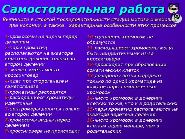 Также характерны. Самостоятельная работа по биологии 9 класс митоз и мейоз. Соотнесите две колонки согласно очередности фаз процесса.