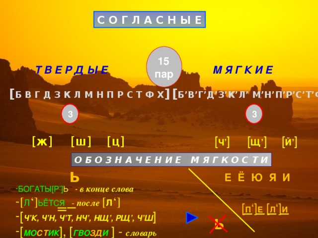 С О Г Л А С Н Ы Е  15 пар Т В Е Р Д Ы Е М Я Г К И Е [ Б ’ В ’ Г ’ Д ’ З ’ К ’ Л ’ М ’ Н ’ П ’ Р ’ С ’ Т ’ Ф ’ Х ’ ] [ Б В Г Д З К Л М Н П Р С Т Ф Х ]  3  3 [ Ч ’ ]  [ Щ ’ ]  [ Й ’ ] [ Ж ]  [ Ш ]  [ Ц ] О Б О З Н А Ч Е Н И Е М Я Г К О С Т И Ь Е Ё Ю Я И БОГАТЫ [ Р ’] Ь - в конце слова [ Л ‘] ЬЁТСЯ  - после  [ Л ‘] [ Ч ’ К, Ч ’ Н, Ч ’ Т, НЧ ’ , НЩ ’ , РЩ ’ , Ч ’ Ш ] [ МО СТ ИК ] , [ ГВО ЗД И ]  - словарь [ П ‘] Е [ Л ‘] И Ь 