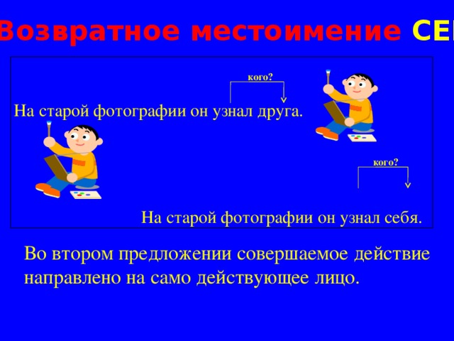 Возвратное местоимение СЕБЯ кого?  На старой фотографии он узнал друга.  На старой фотографии он узнал себя. кого? Во втором предложении совершаемое действие направлено на само действующее лицо. 