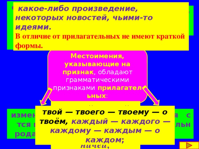 отвечают на вопросы  какой? Чей ? :   какое-либо произведение, некоторых новостей, чьими-то идеями. В отличие от прилагательных не имеют краткой формы. изменяются по падежам: изменяются по числам: твой — твоя — твоё, каждый — каждая — каждое; Местоимения, указывающие на признак , обладают грамматическими признаками  прилагательных : этакий, самый, чей-то, некоторый, ничей; твой — твоего — твоему — о твоём, каждый — каждого — каждому — каждым — о каждом ; твой — твои, согласуются с существительными: изменяются по родам: каждый — каждые; 