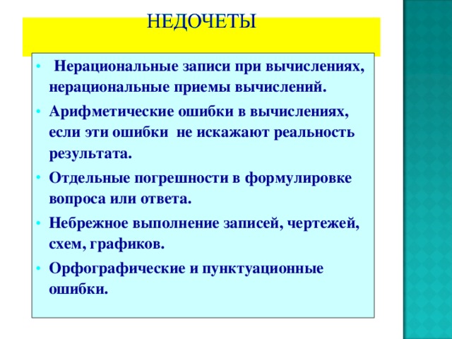  Нерациональные записи при вычислениях, нерациональные приемы вычислений. Арифметические ошибки в вычислениях, если эти ошибки не искажают реальность результата. Отдельные погрешности в формулировке вопроса или ответа. Небрежное выполнение записей, чертежей, схем, графиков. Орфографические и пунктуационные ошибки. 