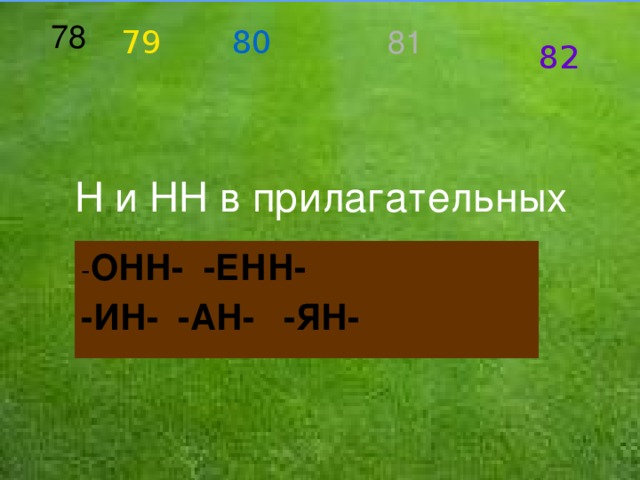 78 79 80 81 82 Н и НН в прилагательных - ОНН- -ЕНН- -ИН- -АН- -ЯН- 