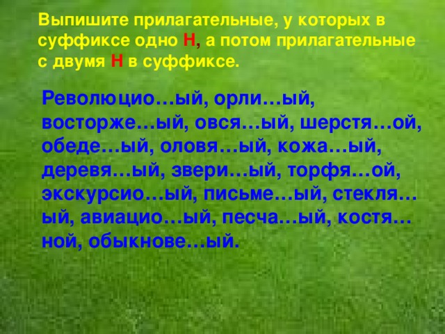 Выпишите прилагательные, у которых в суффиксе одно Н , а потом прилагательные с двумя Н  в суффиксе.  Революцио…ый, орли…ый, восторже…ый, овся…ый, шерстя…ой, обеде…ый, оловя…ый, кожа…ый, деревя…ый, звери…ый, торфя…ой, экскурсио…ый, письме…ый, стекля…ый, авиацио…ый, песча…ый, костя…ной, обыкнове…ый. 