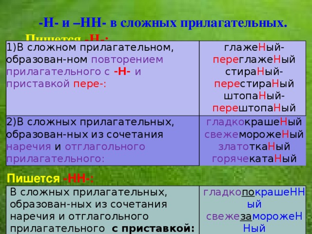 -Н- и –НН- в сложных прилагательных. Пишется -Н-: В сложном прилагательном, образован-ном повторением прилагательного с -Н- и приставкой пере-: глаже Н ый- пере глаже Н ый В сложных прилагательных, образован-ных из сочетания наречия и отглагольного прилагательного: стира Н ый- пере стира Н ый гладко краше Н ый  свеже мороже Н ый  злато тка Н ый  горяче ката Н ый штопа Н ый- пере штопа Н ый Пишется -НН-: В сложных прилагательных, образован-ных из сочетания наречия и отглагольного прилагательного   с приставкой: гладко по крашеННый  свеже за морожеННый 