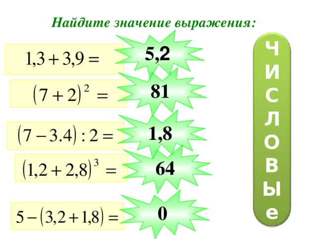 Найдите значение выражения: 5, 2 Ч И С Л О В Ы е 81 1,8 64 0 