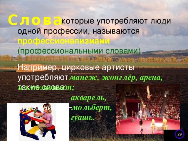 Слова  , которые употребляют люди одной профессии, называются профессионализмами (профессиональными словами) . Например, цирковые артисты употребляют такие слова:   художники —  манеж, жонглёр, арена, иллюзионист;  акварель,  мольберт,  гуашь. 