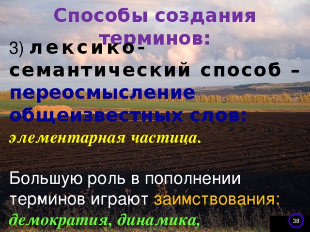 Способы создания терминов:   3) лексико -семантический способ – переосмысление общеизвестных слов: элементарная частица. Большую роль в пополнении терминов играют заимствования:  демократия, динамика, драматургия. 