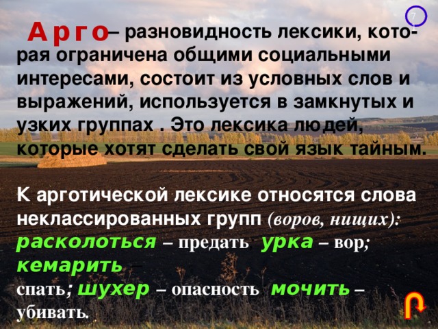 Арго – разновидность лексики, кото- рая ограничена общими социальными интересами, состоит из условных слов и выражений, используется в замкнутых и узких группах . Это лексика людей, которые хотят сделать свой язык тайным.   К арготической лексике относятся слова неклассированных групп (воров, нищих): расколоться – предать ;  урка  – вор ;  кемарить – спать ; шухер – опасность ; мочить  – убивать . 