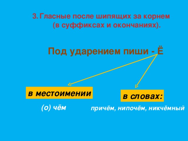 Гласные после шипящих за корнем (в суффиксах и окончаниях). (в суффиксах и окончаниях). Под ударением пиши - Ё в местоимении в словах: (о) чём причём, нипочём, никчёмный 