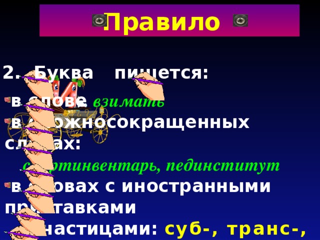  Правило 2. Буква пишется: в слове взимать в сложносокращенных словах:  спортинвентарь, пединститут в словах с иностранными приставками  и частицами: суб-, транс-, пан-, контр:  суб инспектор, транс иорданский, пан исла- мизм, контр игра 