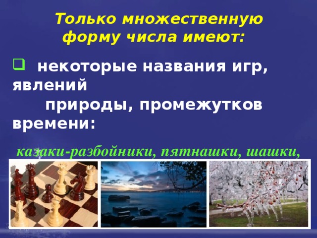 Только множественную форму числа имеют:    некоторые названия игр, явлений  природы, промежутков времени:  казаки-разбойники, пятнашки, шашки, шахматы, нарды, сутки, каникулы, будни, сумерки, заморозки.   