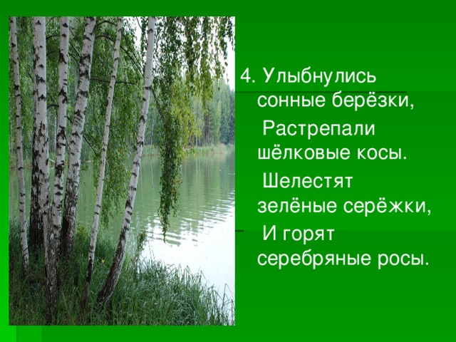 4. Улыбнулись сонные берёзки,  Растрепали шёлковые косы.  Шелестят зелёные серёжки,  И горят серебряные росы. 