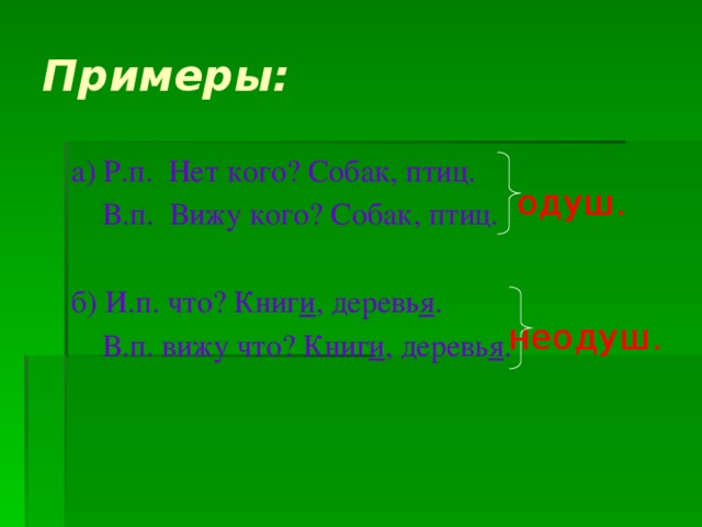 Примеры: а) Р.п. Нет кого? Собак, птиц.  В.п. Вижу кого? Собак, птиц. б) И.п. что? Книг и , деревь я .  В.п. вижу что? Книг и , деревь я . одуш. неодуш. 