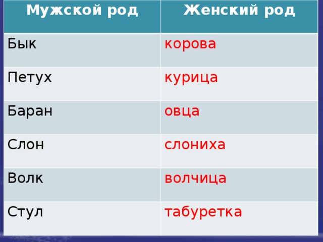 Взяла род. Баран женского рода. Бык женского рода. Мужской и женский род. Мужской род.