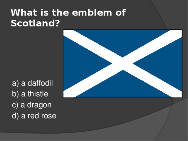 What is the emblem of Scotland? a) a daffodil b) a thistle c) a dragon d) a red rose 