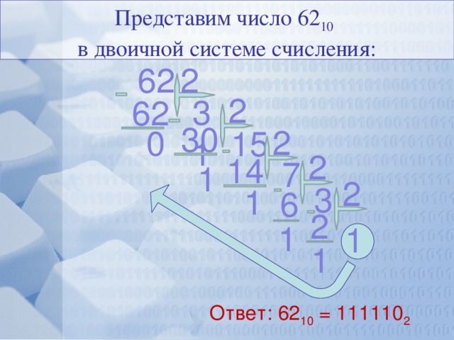 Представим число 62 10  в двоичной системе счисления: 62 2 2 31 62 30 2 0 15 2 14 7 1 2 3 1 6 2 1 1 1 Ответ: 62 10 = 111110 2 25 