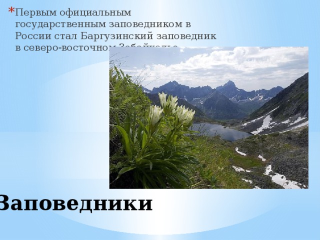 Первым официальным государственным заповедником в России стал Баргузинский заповедник в северо-восточном Забайкалье. Заповедники 