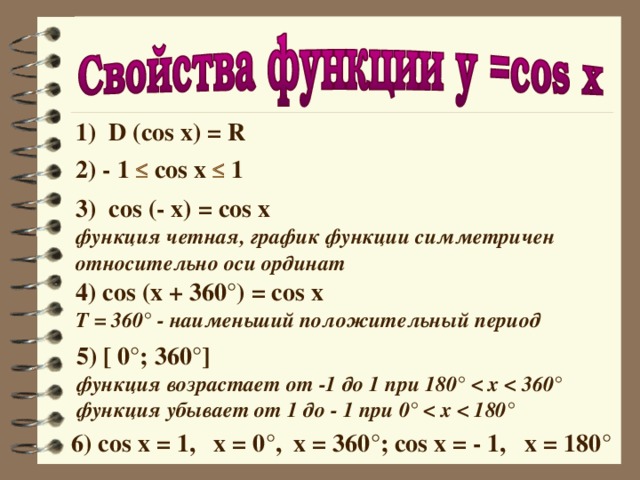 1) D (cos x) = R 2) - 1  cos x  1 3) cos (- x) = cos x функция четная, график функции симметричен относительно оси ординат  4) cos (x + 360°) = cos x T = 360° - наименьший положительный период 5) [ 0°; 360°] функция возрастает от -1 до 1 при 180°  функция убывает от 1 до - 1 при 0°   6) cos x = 1, x = 0°, x = 360°; cos x = - 1, x = 180° 