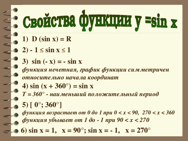 1) D (sin x) = R 2) - 1  sin x  1 3) sin (- x) = - sin x функция нечетная, график функции симметричен относительно начала координат  4) sin (x + 360°) = sin x T = 360° - наименьший положительный период 5) [ 0°; 360°] функция возрастает от 0 до 1 при 0  функция убывает от 1 до - 1 при 90   6) sin x = 1, x = 90°; sin x = - 1, x = 270° 