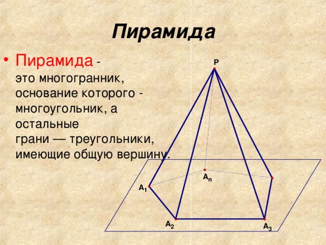 Пирамида Пирамида - это многогранник, основание которого - многоугольник, а остальные грани — треугольники, имеющие общую вершину. 