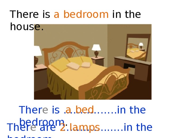 There is a bedroom in the house. a bed Ther e is ..…………..in the bedroom . Ther e are …………...….in the bedroom . 2 lamps 