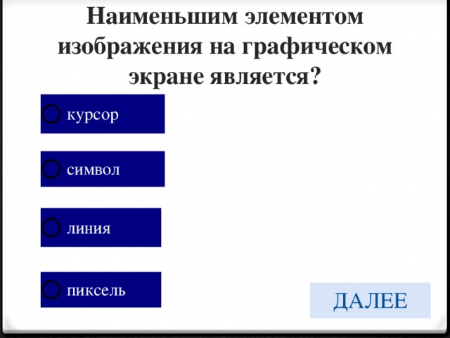 Как называется самый маленький элемент изображения на экране монитора
