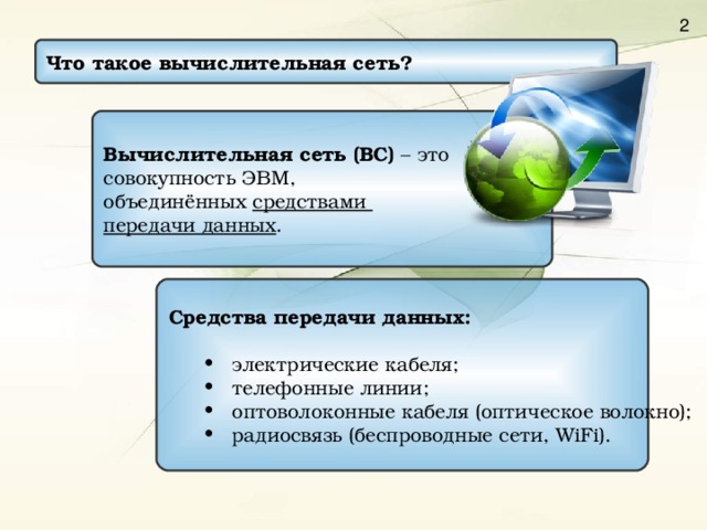Что такое вычислительная сеть? Вычислительная сеть (ВС) – это совокупность ЭВМ, объединённых средствами передачи данных . Средства передачи данных:   электрические кабеля;  телефонные линии;  оптоволоконные кабеля (оптическое волокно);  радиосвязь (беспроводные сети, WiFi) .  электрические кабеля;  телефонные линии;  оптоволоконные кабеля (оптическое волокно);  радиосвязь (беспроводные сети, WiFi) . 