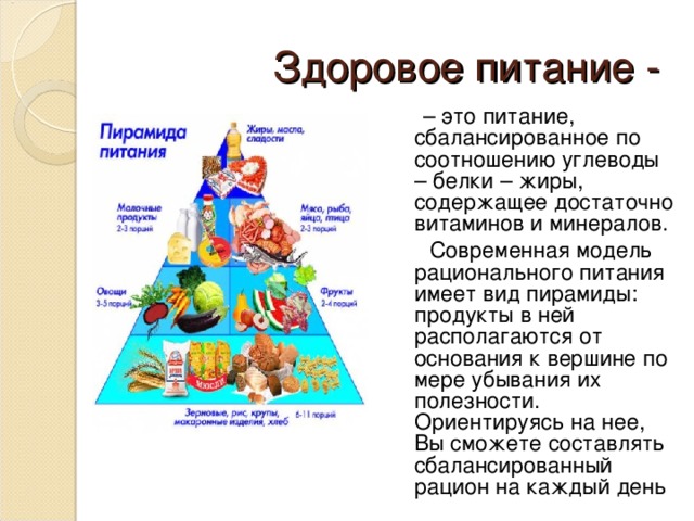 Здоровое питание -  – это питание, сбалансированное по соотношению углеводы – белки – жиры, содержащее достаточно витаминов и минералов.   Современная модель рационального питания имеет вид пирамиды: продукты в ней располагаются от основания к вершине по мере убывания их полезности. Ориентируясь на нее, Вы сможете составлять сбалансированный рацион на каждый день . 