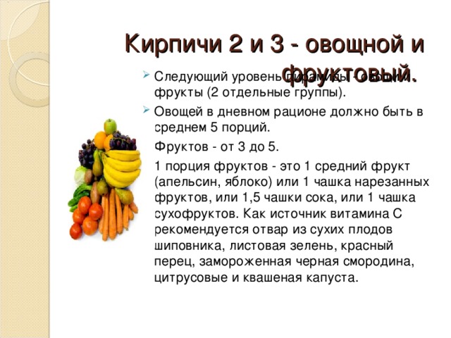 Кирпичи 2 и 3 - овощной и фруктовый.     Следующий уровень пирамиды - овощи и фрукты (2 отдельные группы). Овощей в дневном рационе должно быть в среднем 5 порций. Фруктов - от 3 до 5. 1 порция фруктов - это 1 средний фрукт (апельсин, яблоко) или 1 чашка нарезанных фруктов, или 1,5 чашки сока, или 1 чашка сухофруктов. Как источник витамина С рекомендуется отвар из сухих плодов шиповника, листовая зелень, красный перец, замороженная черная смородина, цитрусовые и квашеная капуста . 