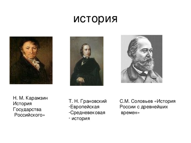 история Н. М. Карамзин История Государства  Российского» Т. Н. Грановский С.М. Соловьев «История России с древнейших  времен» Европейская Средневековая  история 