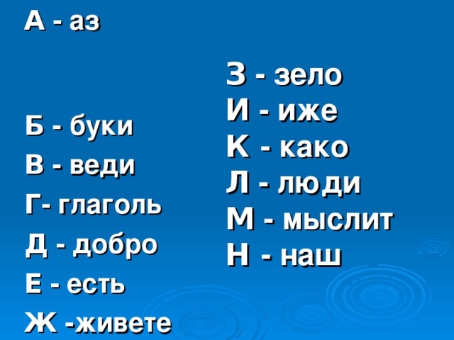 А - аз Б - буки В - веди Г - глаголь Д - добро Е - есть Ж -живете  З - зело  И - иже  К - како  Л - люди  М - мыслит  Н - наш   