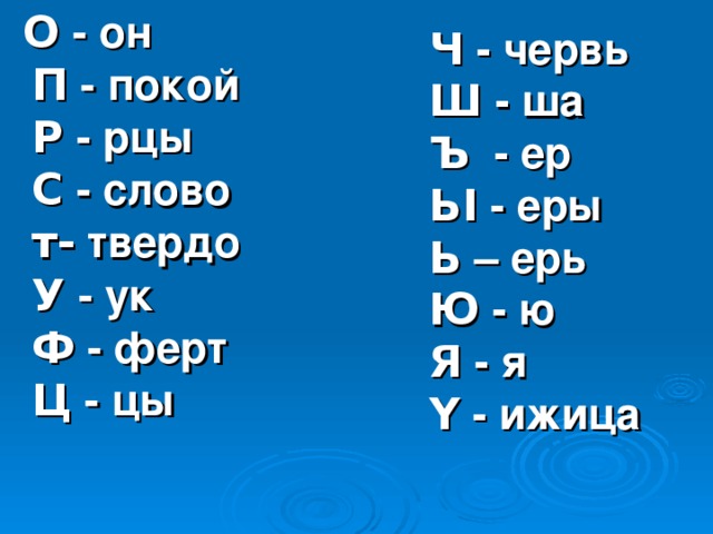 Ч - червь  Ш - ша  Ъ - ер  Ь I  - еры  Ь – ерь  Ю - ю  Я - я  Y  - ижица     О - он  П - покой  Р - рцы  С - слово  т- твердо  У - ук  Ф - ферт  Ц - цы    