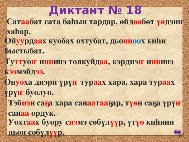 Диктант № 18 Сат аа бат сата баhын тардар, өйд өө бөт үө дэни хаhар. Ой уу рд аа х куобах охтубат, дьо нн оо х киhи быстыбат. Ту тт уо ҥ и нн инэ толкуйд аа , кэрдиэ ҥ и нн инэ к ээ мэйд ээ . Он уо ха диэри үрү ҥ тур аа х хара, хара тур аа х үрү ҥ буолуо. Тэб иэ н са ҕ а хара сан аа т аа ҕар, т үө н саҕа үрү ҥ сан аа ордук. Уохт аа х буору с иэ мэ сөбүл үү р, үт үө киhини дьон сөбүл үү р.