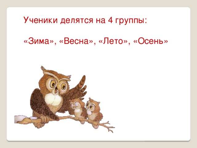 Ученики делятся на 4 группы: «Зима», «Весна», «Лето», «Осень» 