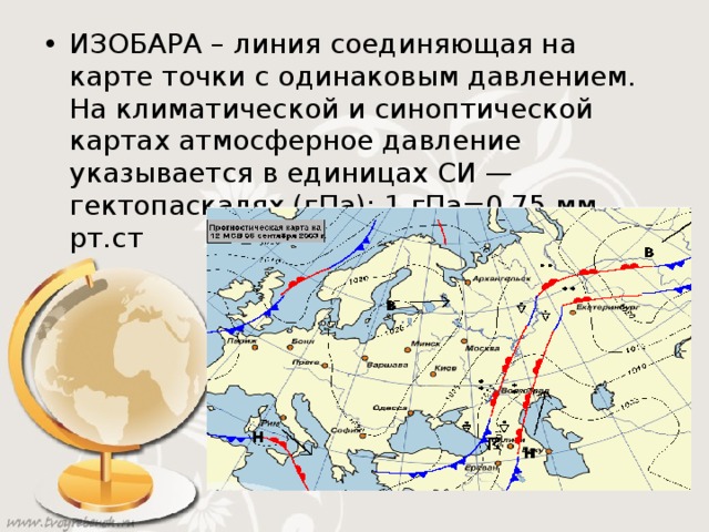 ИЗОБАРА – линия соединяющая на карте точки с одинаковым давлением. На климатической и синоптической картах атмосферное давление указывается в единицах СИ — гектопаскалях (гПа): 1 гПа=0,75 мм рт.ст 