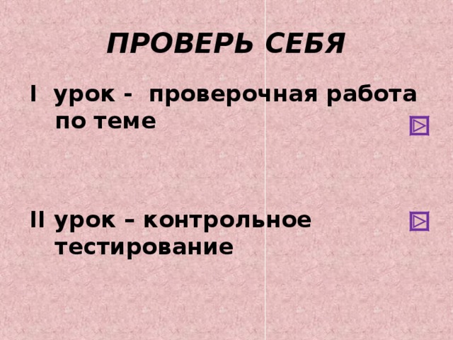 ПРОВЕРЬ СЕБЯ I урок - проверочная работа по теме   II урок – контрольное тестирование  