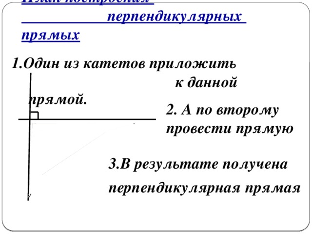 План построения  перпендикулярных прямых 1.Один из катетов приложить  к данной прямой. 2. А по второму провести прямую 3.В результате получена перпендикулярная прямая  