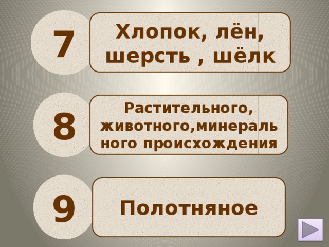 7 Хлопок, лён, шерсть , шёлк 8 Растительного, животного,минерального происхождения 9 Полотняное 