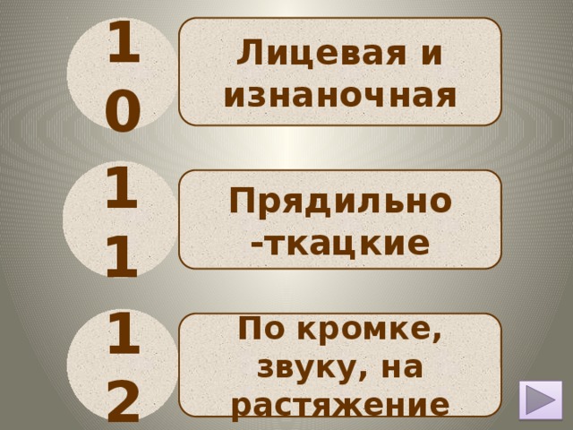 10 Лицевая и изнаночная 11 Прядильно -ткацкие 12 По кромке, звуку, на растяжение 