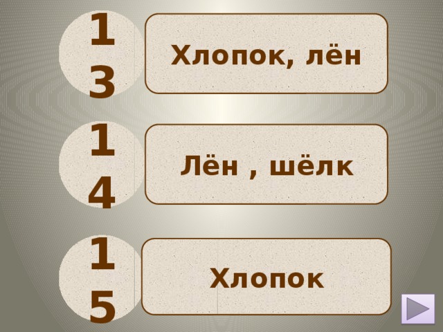 13 Хлопок, лён 14 Лён , шёлк 15 Хлопок 