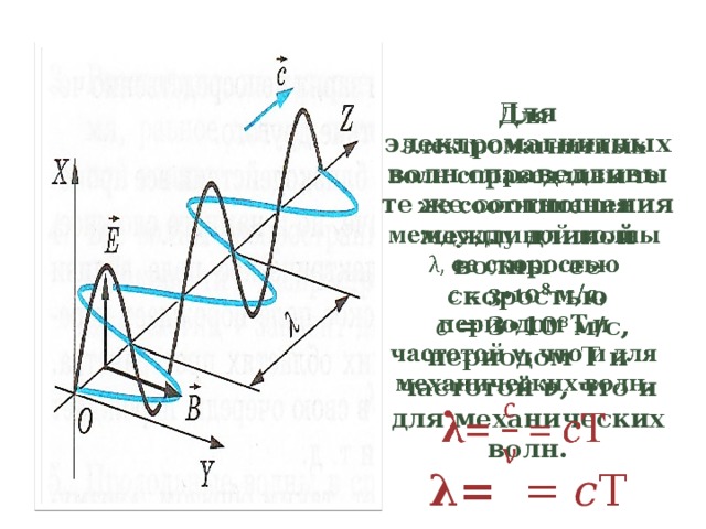 Для электромагнитных волн справедливы те же соотношения между длиной волны ее скоростью    с = 3•10 8 м/с, периодом Т и частотой ν, что и для механических волн.  λ= = с Т 