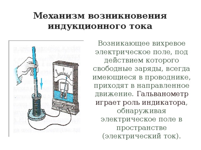 Механизм возникновения индукционного тока Возникающее вихревое электрическое поле, под действием которого свободные заряды, всегда имеющиеся в проводнике, приходят в направленное движение. Гальванометр играет роль индикатора , обнаруживая электрическое поле в пространстве (электрический ток). 