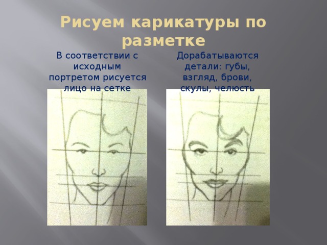 Рисуем карикатуры по разметке В соответствии с исходным портретом рисуется лицо на сетке Дорабатываются детали: губы, взгляд, брови, скулы, челюсть 
