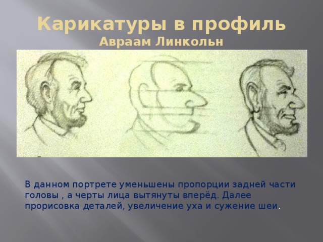 Карикатуры в профиль  Авраам Линкольн В данном портрете уменьшены пропорции задней части головы , а черты лица вытянуты вперёд. Далее прорисовка деталей, увеличение уха и сужение шеи . 